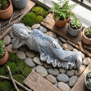 English Elm Oriental Reclining Buddha Resin Statue Blue Porcelain Robes Zen Meditation Decor W5709P534929