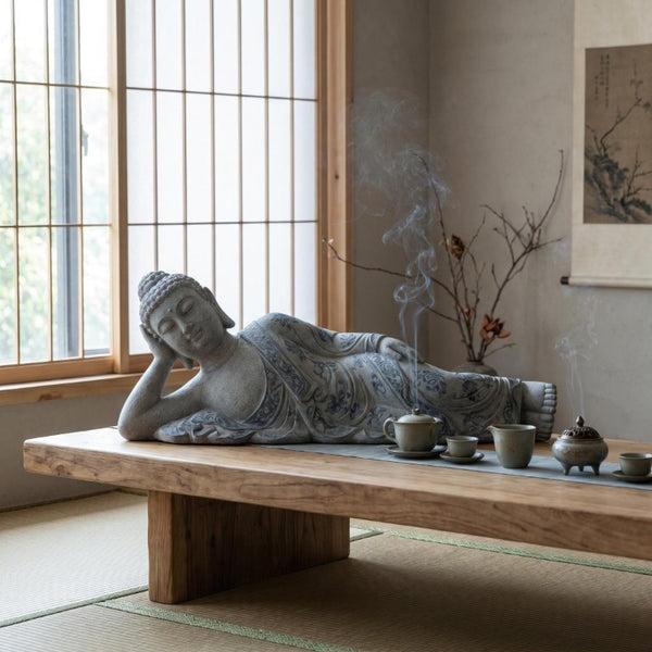 English Elm Oriental Reclining Buddha Resin Statue Blue Porcelain Robes Zen Meditation Decor W5709P534929