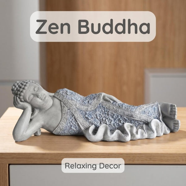 English Elm Oriental Reclining Buddha Resin Statue Blue Porcelain Robes Zen Meditation Decor W5709P534929
