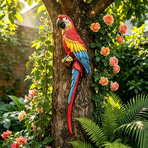 English Elm Hanging Scarlet Macaw Resin Sculpture Lifelike Hand-Painted Bird for Porch or Garden W5709P536523