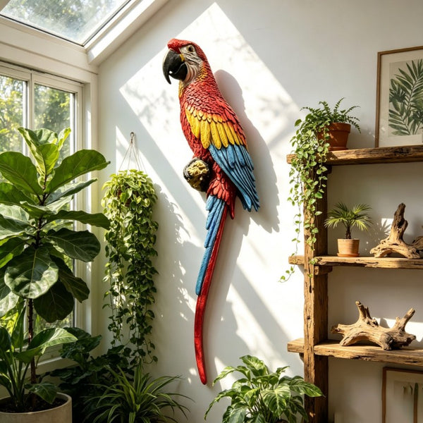 English Elm Hanging Scarlet Macaw Resin Sculpture Lifelike Hand-Painted Bird for Porch or Garden W5709P536523
