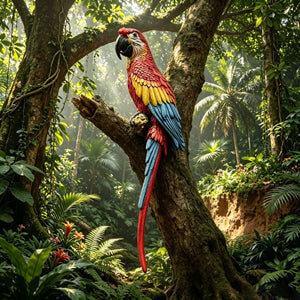 English Elm Hanging Scarlet Macaw Resin Sculpture Lifelike Hand-Painted Bird for Porch or Garden W5709P536523