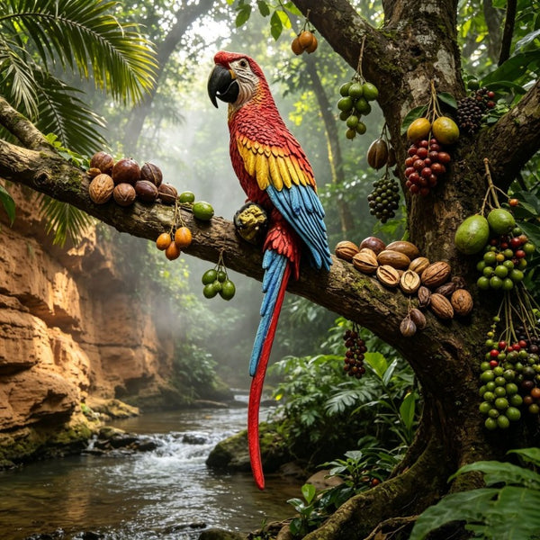 English Elm Hanging Scarlet Macaw Resin Sculpture Lifelike Hand-Painted Bird for Porch or Garden W5709P536523