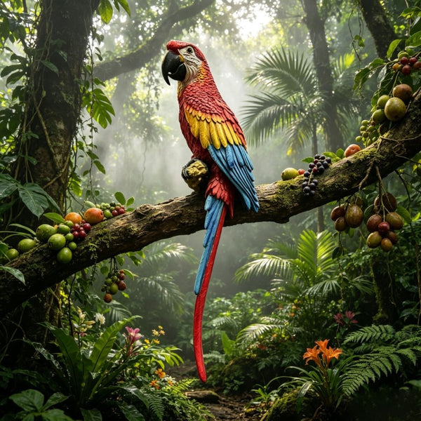 English Elm Hanging Scarlet Macaw Resin Sculpture Lifelike Hand-Painted Bird for Porch or Garden W5709P536523