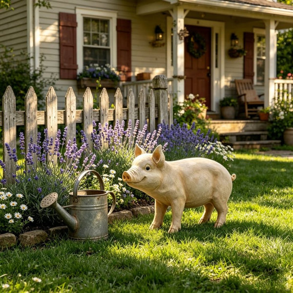 English Elm Cute Resin Pig Figurine Weatherproof Garden Sculpture Rustic Farmhouse Yard Accent W5709P537058