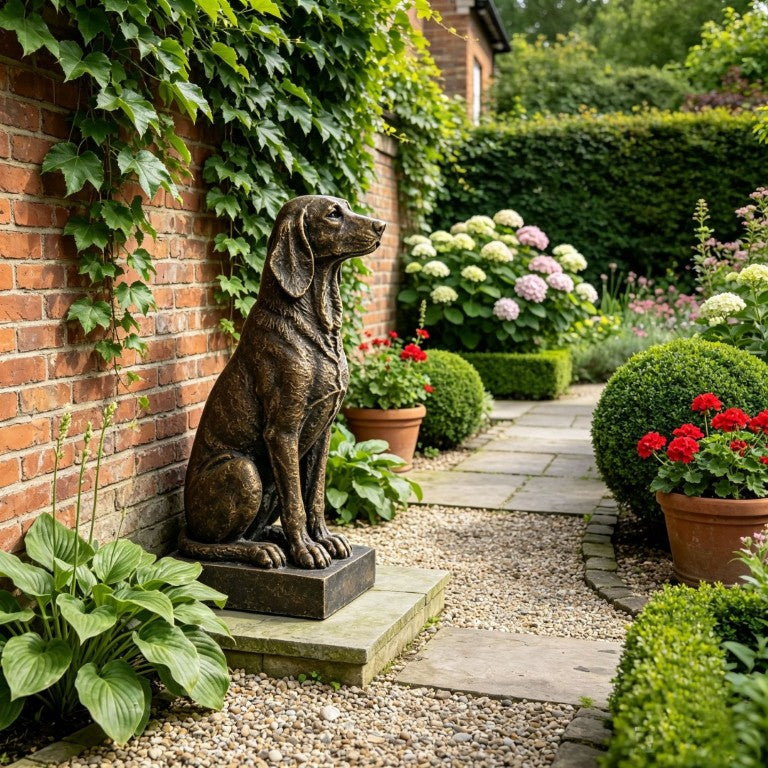 English Elm Vintage Bronze Resin Hound Sculpture Farmhouse Entryway Decor Rustic Sitting Dog Statue W5709P539709