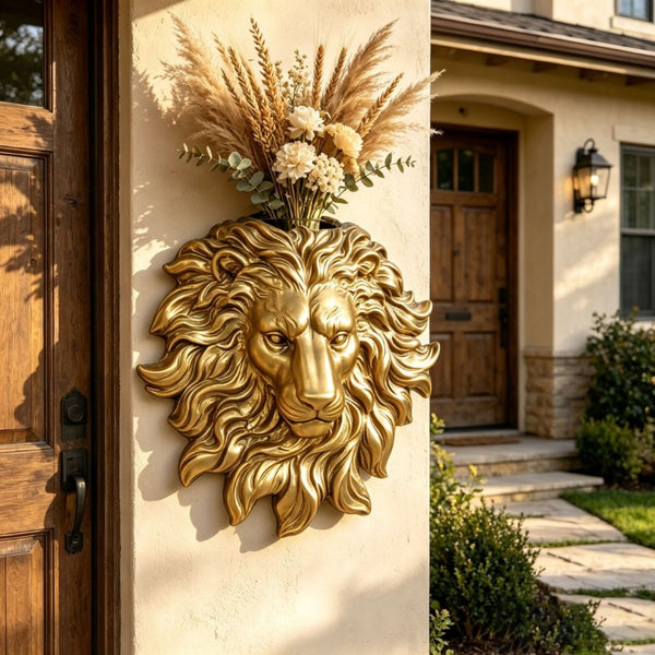 English Elm Golden Matte Resin Lion Head Wall Mount Sculpture Rustic Farmhouse Bar Living Room Art Gold W5709P541067