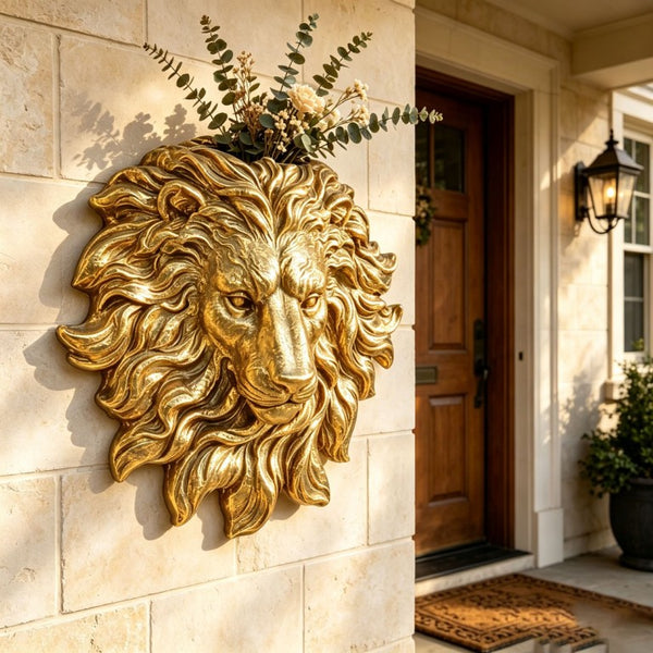 English Elm Golden Matte Resin Lion Head Wall Mount Sculpture Rustic Farmhouse Bar Living Room Art Gold W5709P541067