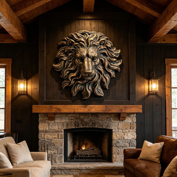 English Elm Golden Matte Resin Lion Head Wall Mount Sculpture Rustic Farmhouse Bar Living Room Art Antique Brown W5709P541070
