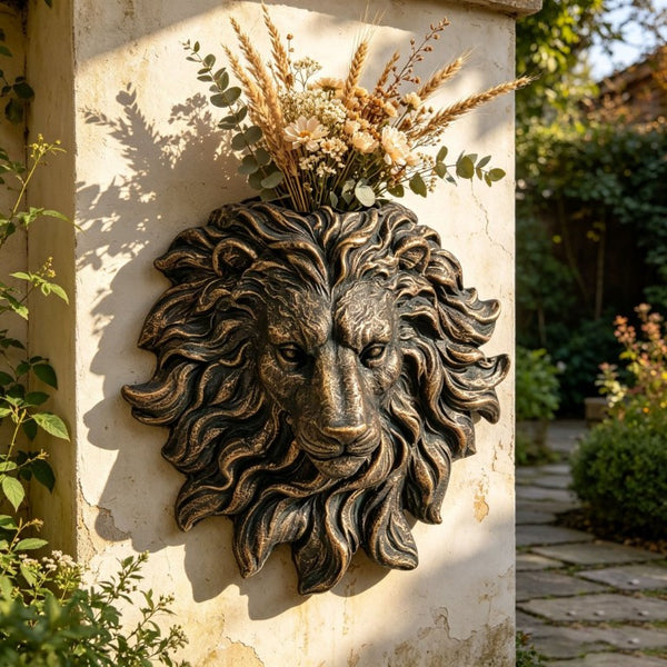 English Elm Golden Matte Resin Lion Head Wall Mount Sculpture Rustic Farmhouse Bar Living Room Art Antique Brown W5709P541070