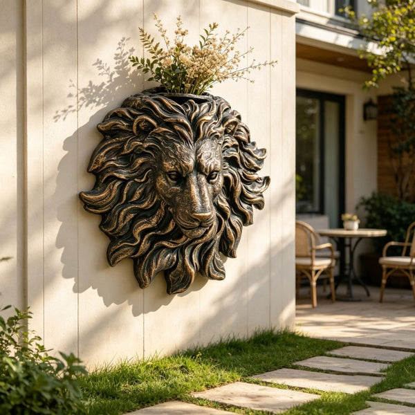 English Elm Golden Matte Resin Lion Head Wall Mount Sculpture Rustic Farmhouse Bar Living Room Art Antique Brown W5709P541070