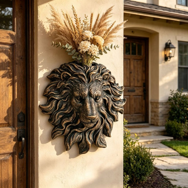 English Elm Golden Matte Resin Lion Head Wall Mount Sculpture Rustic Farmhouse Bar Living Room Art Antique Brown W5709P541070