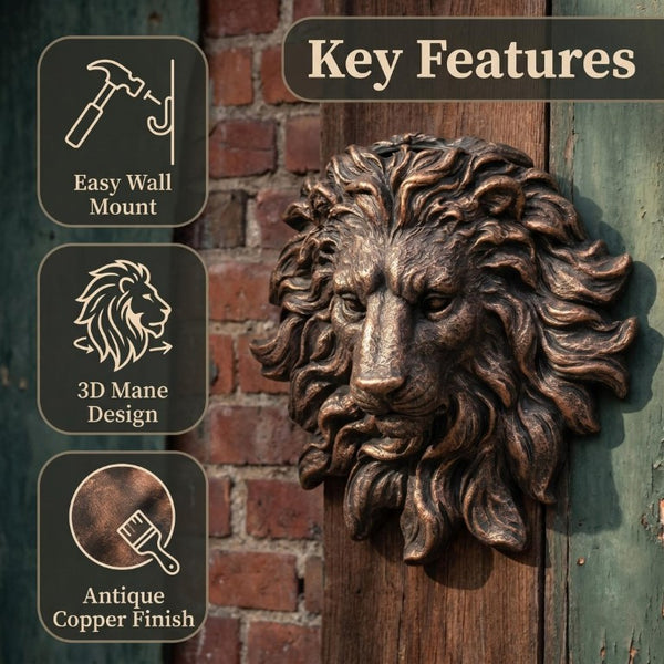 English Elm Golden Matte Resin Lion Head Wall Mount Sculpture Rustic Farmhouse Bar Living Room Art Antique Brown W5709P541070