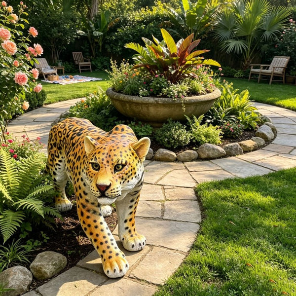 English Elm Realistic Hand-Painted Resin Leopard Garden Sculpture Weatherproof Outdoor Safari Decor W5709P544571