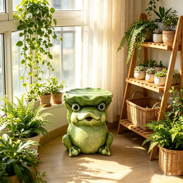 English Elm 12 Inch Whimsical Frog Garden Statue Mossy Green Lotus Hat Outdoor Patio Lawn Sculpture W5709P565670