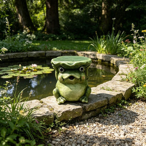 English Elm 12 Inch Whimsical Frog Garden Statue Mossy Green Lotus Hat Outdoor Patio Lawn Sculpture W5709P565670