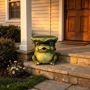English Elm 12 Inch Whimsical Frog Garden Statue Mossy Green Lotus Hat Outdoor Patio Lawn Sculpture W5709P565670