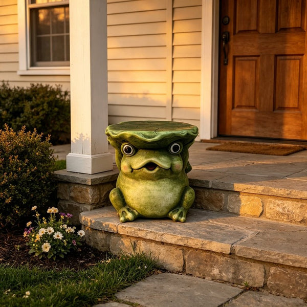 English Elm 12 Inch Whimsical Frog Garden Statue Mossy Green Lotus Hat Outdoor Patio Lawn Sculpture W5709P565670