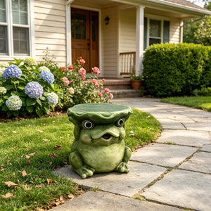 English Elm 12 Inch Whimsical Frog Garden Statue Mossy Green Lotus Hat Outdoor Patio Lawn Sculpture W5709P565670