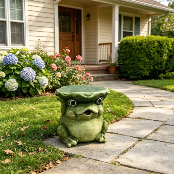 English Elm 12 Inch Whimsical Frog Garden Statue Mossy Green Lotus Hat Outdoor Patio Lawn Sculpture W5709P565670