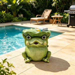 English Elm 12 Inch Whimsical Frog Garden Statue Mossy Green Lotus Hat Outdoor Patio Lawn Sculpture W5709P565670