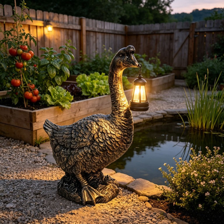 English Elm 21 Inch Antique Bronze Goose Garden Figurine with Solar Lantern Outdoor Lawn Sculpture W5709P565683