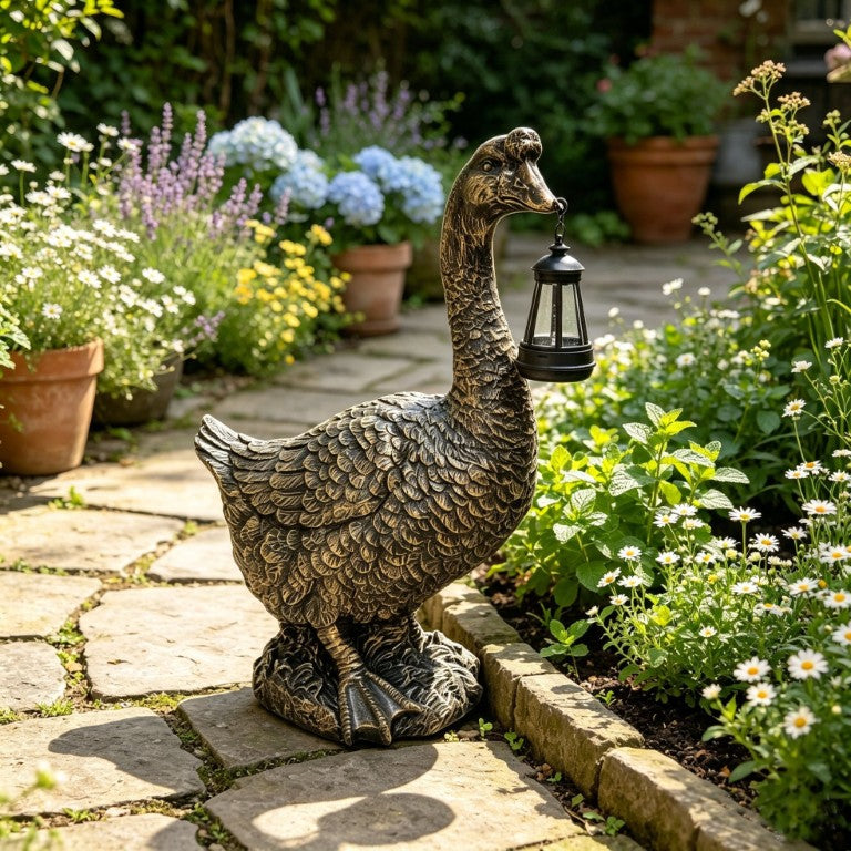 English Elm 21 Inch Antique Bronze Goose Garden Figurine with Solar Lantern Outdoor Lawn Sculpture W5709P565683