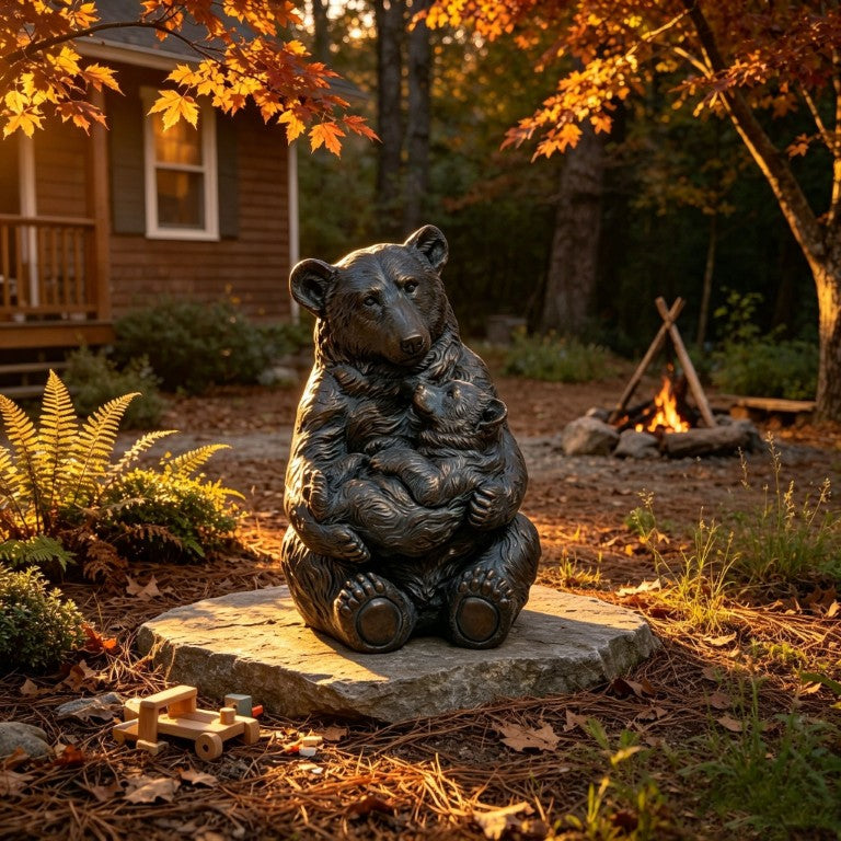 English Elm 19 Inch Antique Bronze Mother Bear Cub Garden Sculpture with Hand Carved Fur Detail W5709P565685