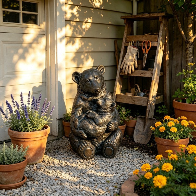 English Elm 19 Inch Antique Bronze Mother Bear Cub Garden Sculpture with Hand Carved Fur Detail W5709P565685