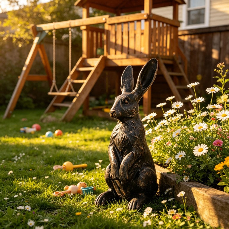 English Elm 23 Inch Antique Bronze Hare Figurine Hand Textured Outdoor Garden Sculpture Lawn Accent W5709P565686