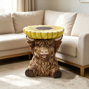 English Elm 14 Inch Highland Cow Sunflower Accent Stool Whimsical Farmhouse Side Table for Patio or Garden W5709P565687