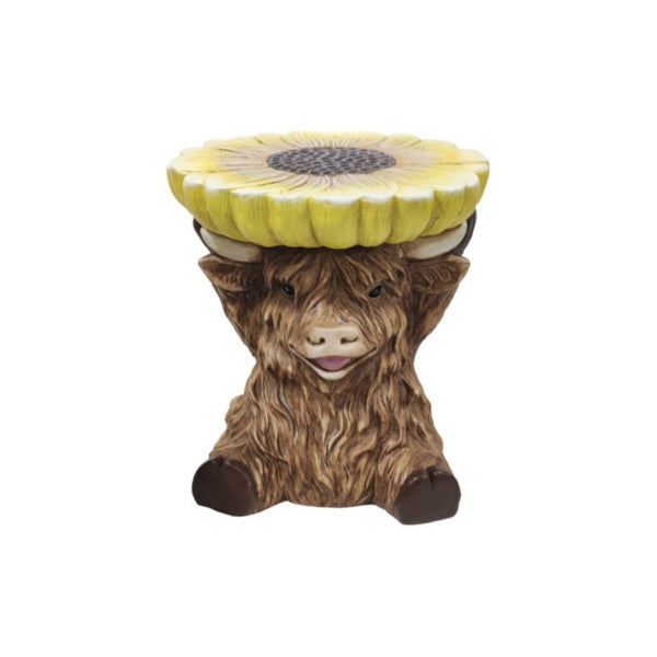 English Elm 14 Inch Highland Cow Sunflower Accent Stool Whimsical Farmhouse Side Table for Patio or Garden W5709P565687