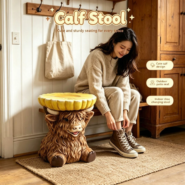 English Elm 14 Inch Highland Cow Sunflower Accent Stool Whimsical Farmhouse Side Table for Patio or Garden W5709P565687