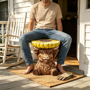English Elm 14 Inch Highland Cow Sunflower Accent Stool Whimsical Farmhouse Side Table for Patio or Garden W5709P565687