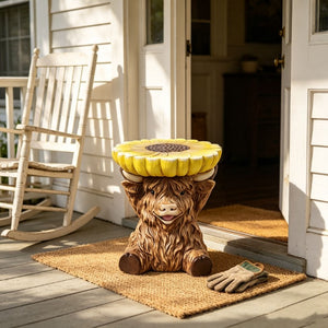 English Elm 14 Inch Highland Cow Sunflower Accent Stool Whimsical Farmhouse Side Table for Patio or Garden W5709P565687