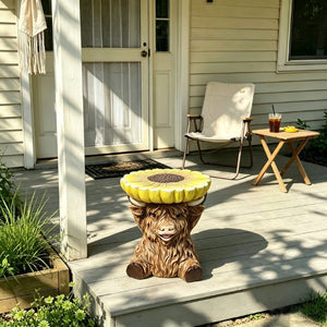 English Elm 14 Inch Highland Cow Sunflower Accent Stool Whimsical Farmhouse Side Table for Patio or Garden W5709P565687