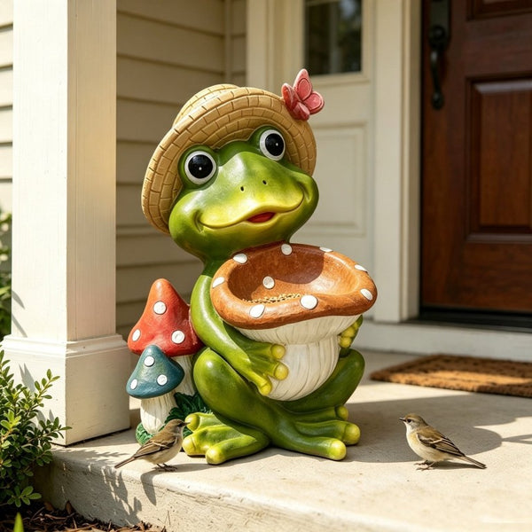 English Elm 17 Inch Resin Frog Statue Whimsical Garden Bird Feeder Weatherproof Patio Lawn Art W5709P584285