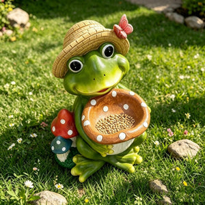 English Elm 17 Inch Resin Frog Statue Whimsical Garden Bird Feeder Weatherproof Patio Lawn Art W5709P584285
