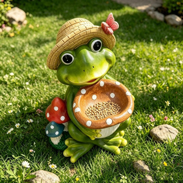 English Elm 17 Inch Resin Frog Statue Whimsical Garden Bird Feeder Weatherproof Patio Lawn Art W5709P584285
