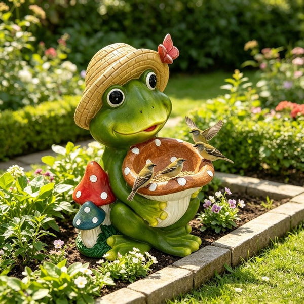 English Elm 17 Inch Resin Frog Statue Whimsical Garden Bird Feeder Weatherproof Patio Lawn Art W5709P584285
