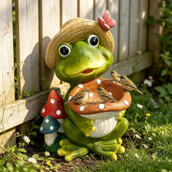 English Elm 17 Inch Resin Frog Statue Whimsical Garden Bird Feeder Weatherproof Patio Lawn Art W5709P584285