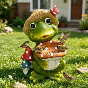 English Elm 17 Inch Resin Frog Statue Whimsical Garden Bird Feeder Weatherproof Patio Lawn Art W5709P584285