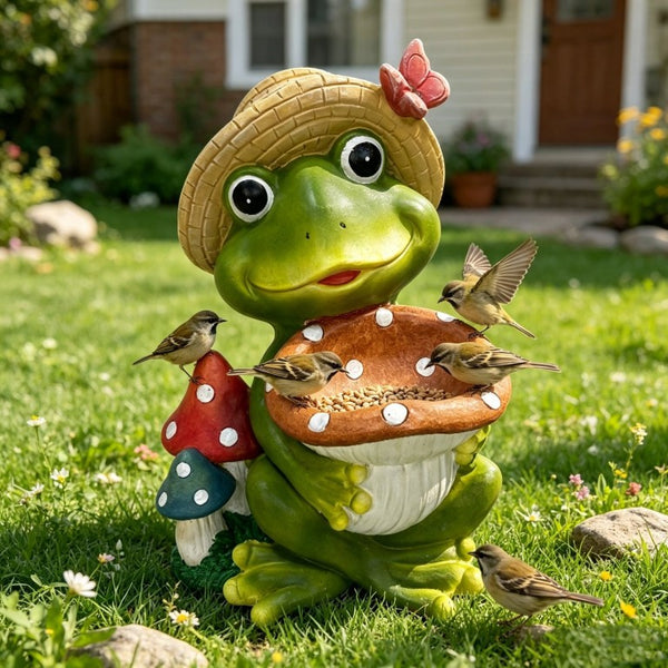 English Elm 17 Inch Resin Frog Statue Whimsical Garden Bird Feeder Weatherproof Patio Lawn Art W5709P584285