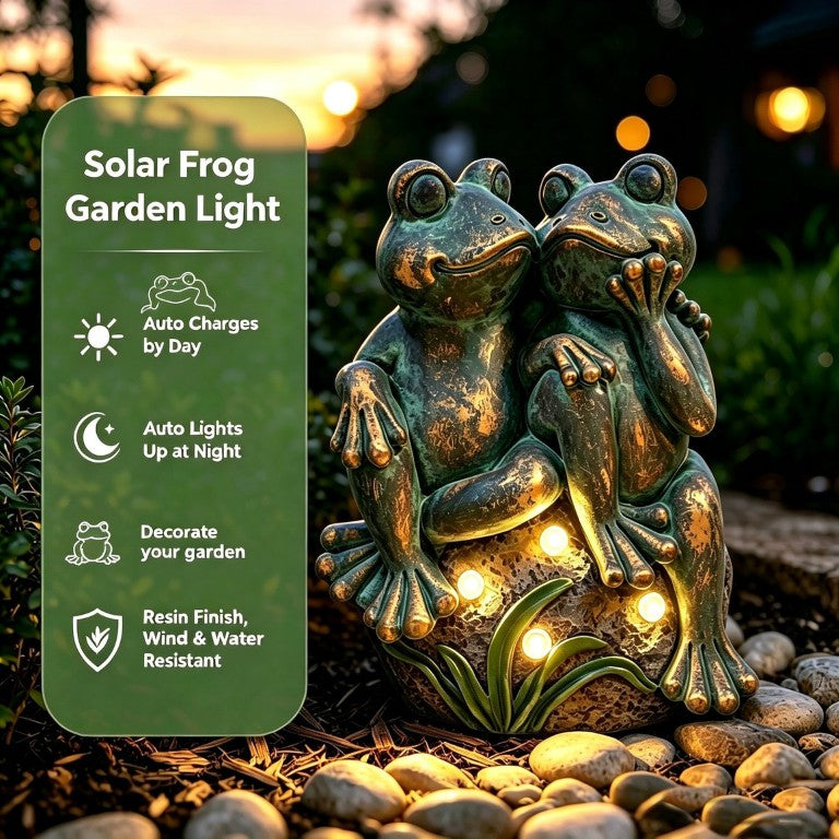 English Elm 16 Inch Solar Powered Cuddling Frog Pair Resin Garden Statue with Warm LED Glow W5709P584286