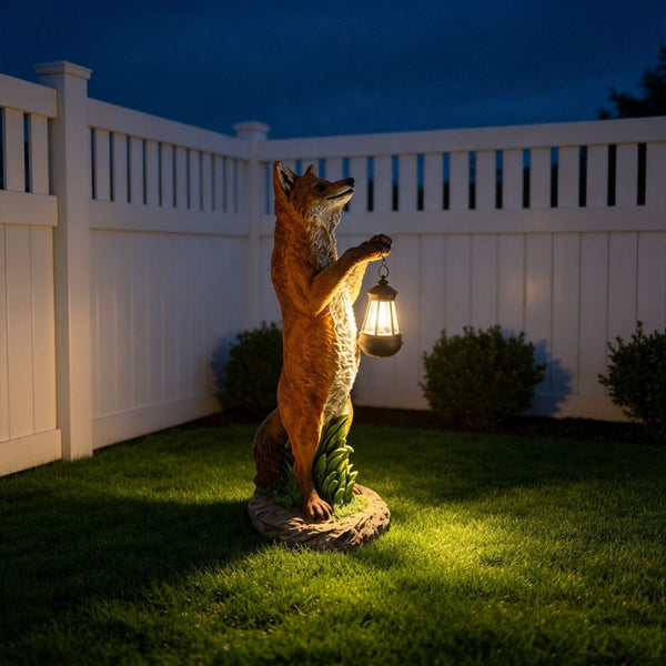 English Elm 28 Inch Solar Fox Garden Sculpture Resin Woodland Lantern Statue for Yard Patio W5709P585672