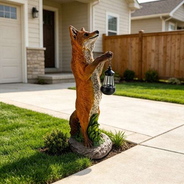 English Elm 28 Inch Solar Fox Garden Sculpture Resin Woodland Lantern Statue for Yard Patio W5709P585672
