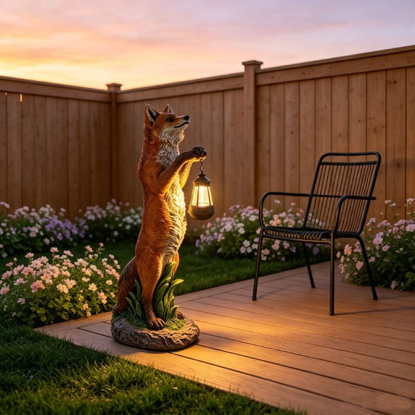 English Elm 28 Inch Solar Fox Garden Sculpture Resin Woodland Lantern Statue for Yard Patio W5709P585672