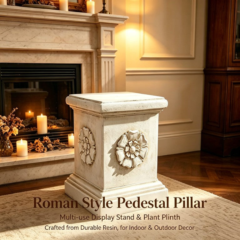 English Elm 14 Inch Resin Roman Column Pedestal Cherub Carved Antique White Vintage Display Stand W5709P599067