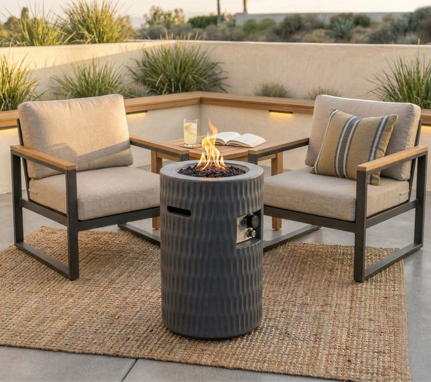 English Elm 26 Inch Cylindrical Concrete Propane Fire Pit with Hidden Tank Compartment Outdoor Patio W5727P465774