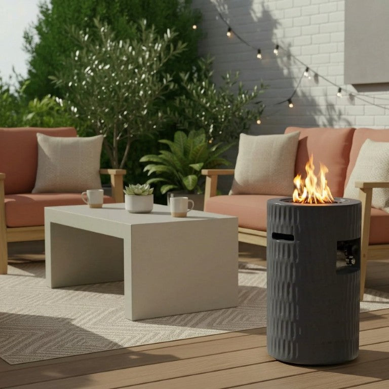 English Elm 26 Inch Cylindrical Concrete Propane Fire Pit with Hidden Tank Compartment Outdoor Patio W5727P465774